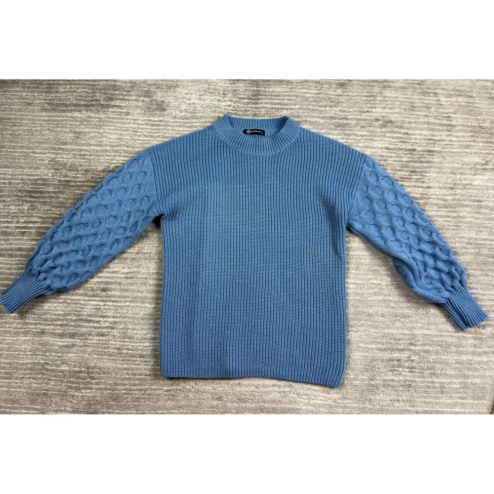 PrettyGarden Sweater Womens Small Blue Lantern Bubble Sleeve Ribbed Pullover